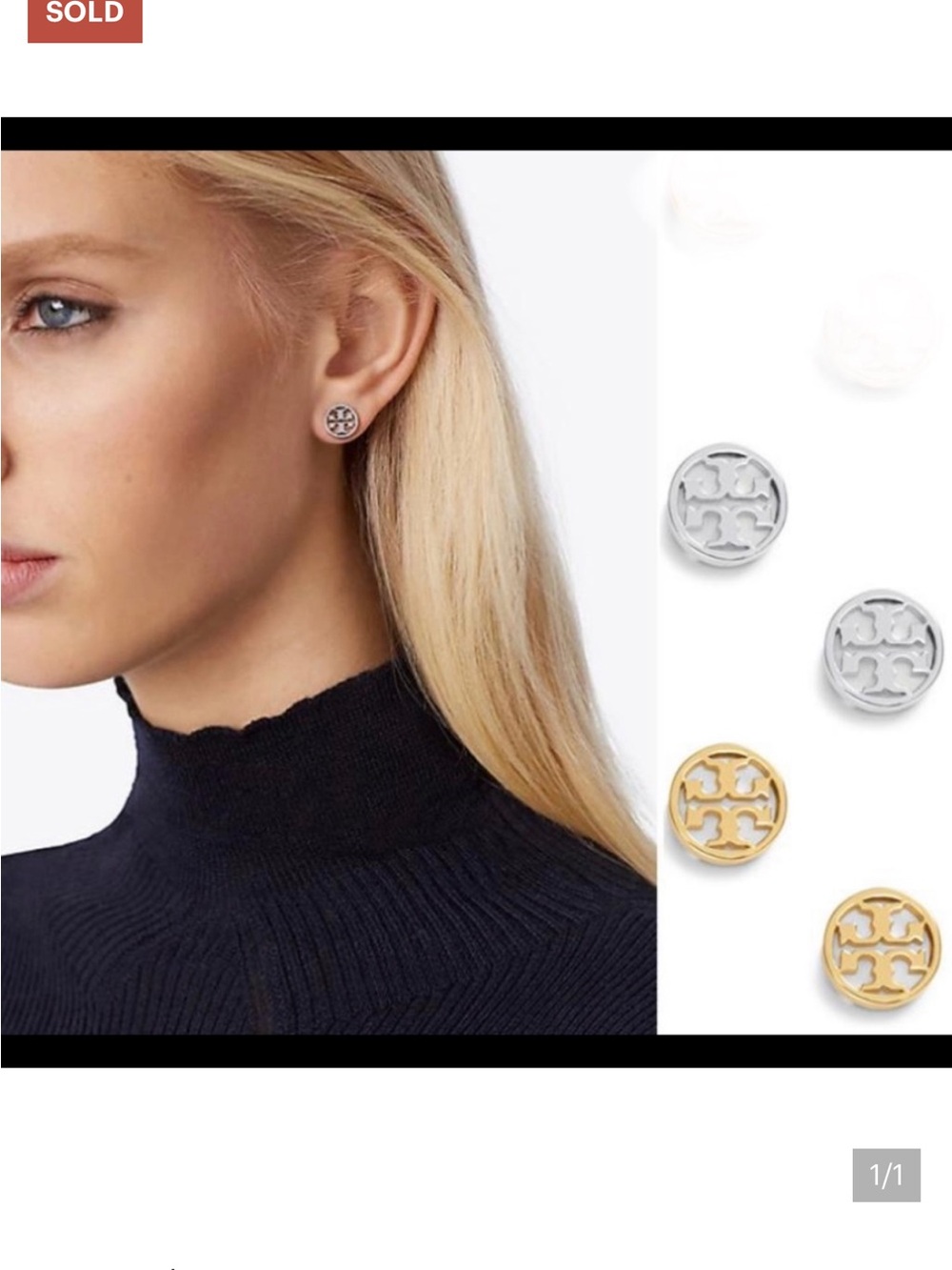 New Tory Burch silver tone round logo earrings